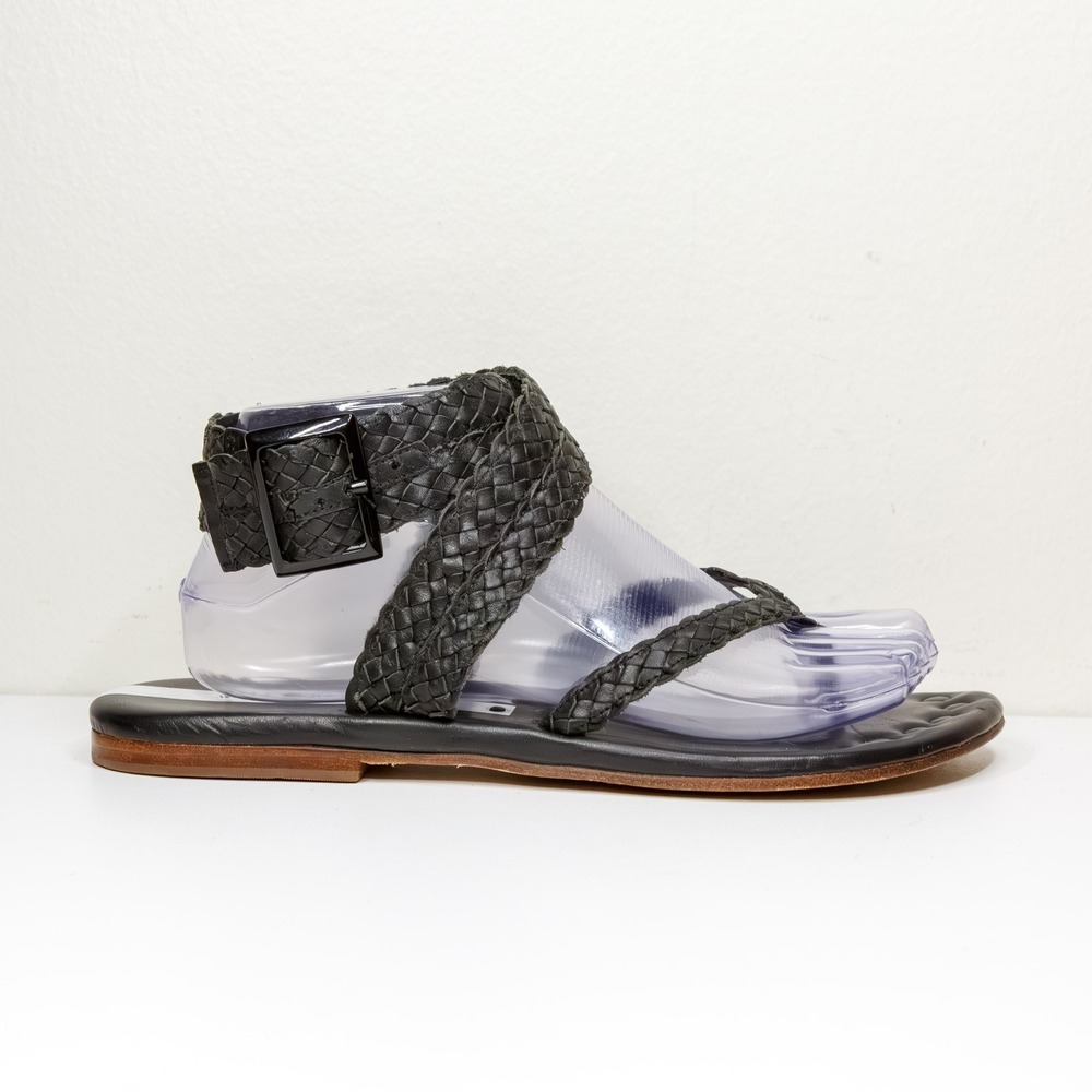 MATT BERNSON Black Leather Woven Ankle Wrap Thong Sandals Sz 9